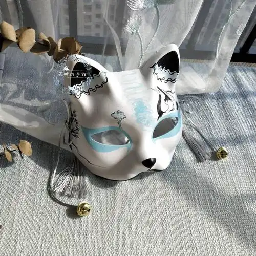 狐狸面具 【无忧】猫脸纸浆面具和风手绘日本狐狸面具舞会动漫