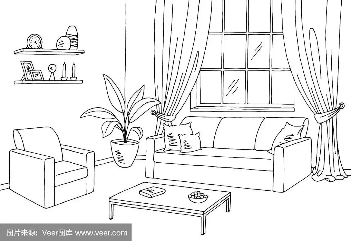 客厅图形黑白室内草图插图矢量