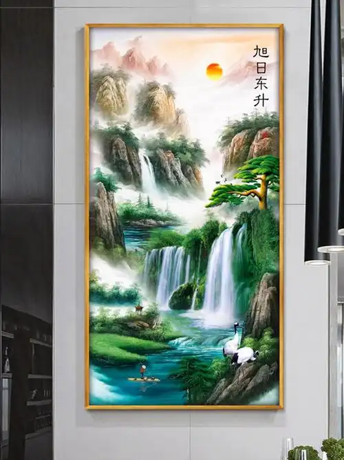 新中式山水风景画装饰画流水生财壁画入户玄关进门风水挂画竖版