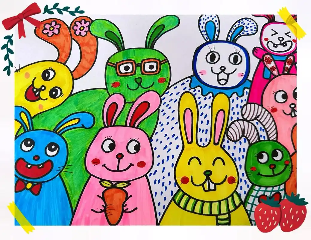 马克笔儿童画兔子叠叠乐附线稿