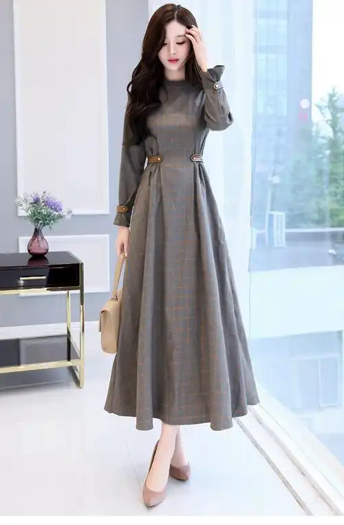 格子连衣裙修身2019春秋季女装新款韩版长款收腰圆领长袖气质长裙