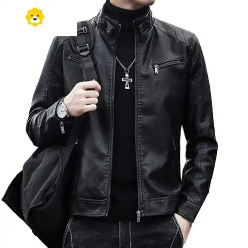 立领皮衣薄款夹克男士春秋季新款潮流修身百搭加绒加厚冬季男外套