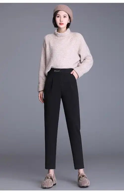 加厚毛呢裤子女秋冬2021新款宽松直筒哈伦女裤休闲西裤冬天烟管裤