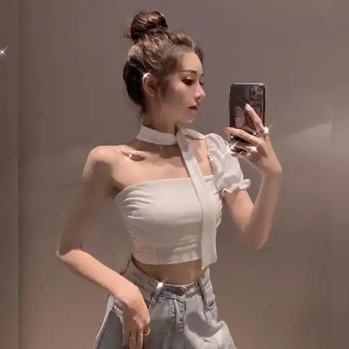 【特价/网红直衣服】衬衫女夏季设计感小众泡泡袖上衣一字肩挂脖短袖