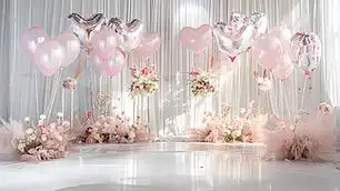 心形气球装饰的简易婚礼舞台在白色空间布置摄影