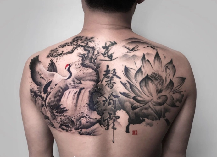 最新男生背部水墨风格纹身图案大气的后背纹身设计5