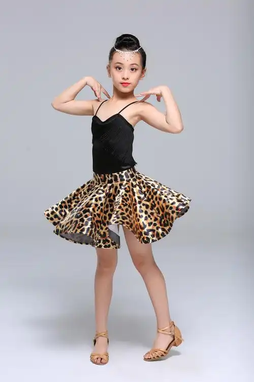 儿童练功裙夏款少儿女童拉丁分体豹纹亮缎拉丁舞服演出表演服套装