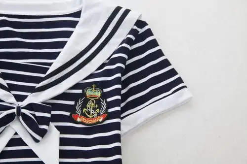 少女学生夏装新款娃娃领蝴蝶结海军水手服风条纹短袖t恤衫t50