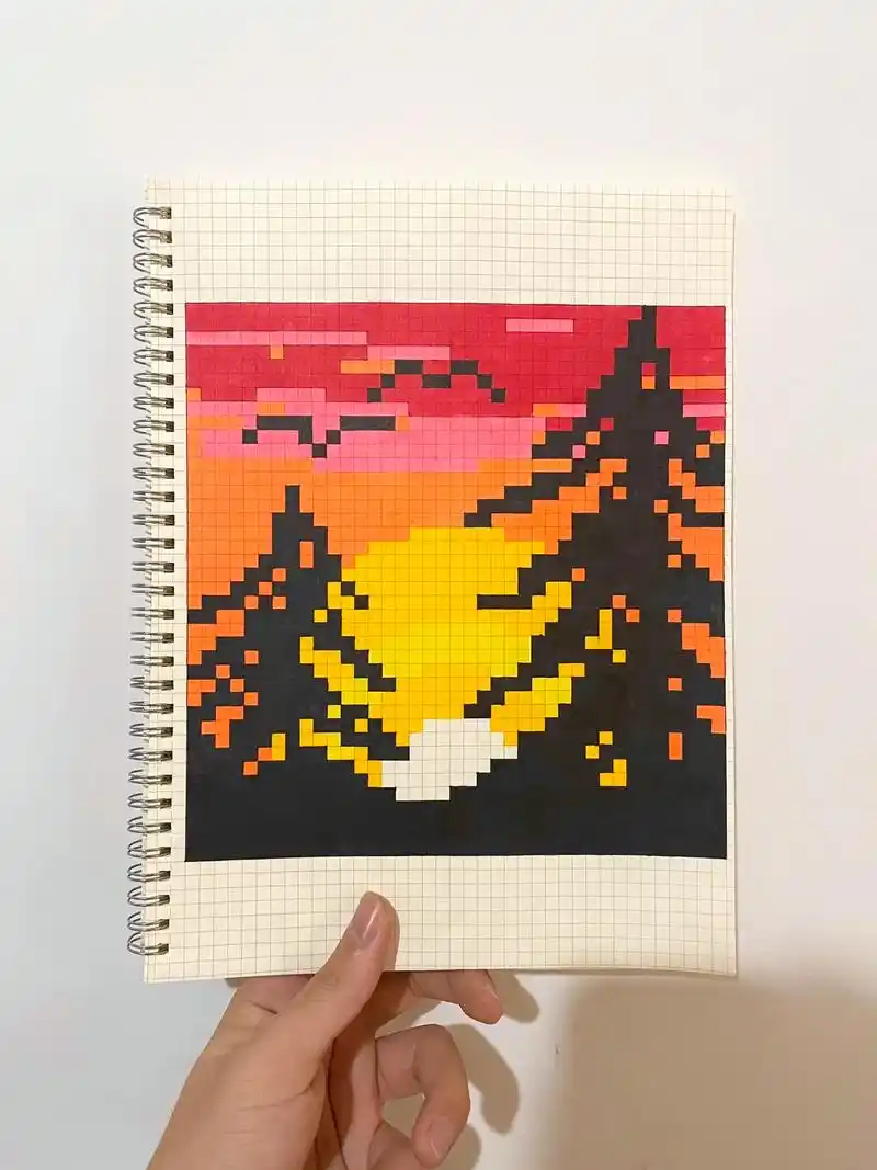 像素画风景:日落92.网格本大小:a4 画面尺寸:39*40 - 抖音