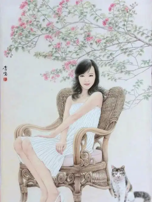 端庄靓丽温婉细腻李鸣现代女性工笔人物画作品欣赏1