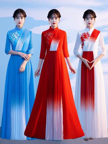 新款大合唱团演出服女长裙主持诗歌朗诵礼服气质显瘦红歌比赛服装