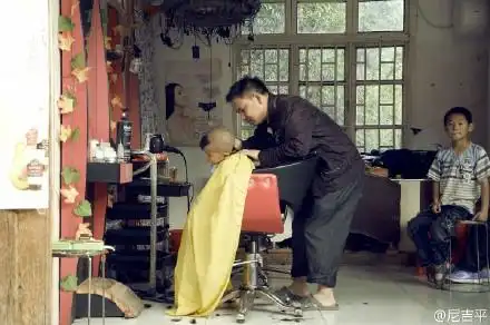 小正太在剪头发,发型好可爱这只泰迪一直在等小主人嘴巴里漏下来的吃