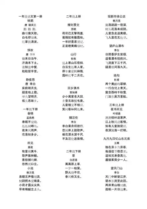 一至六年级语文上下册古诗大全