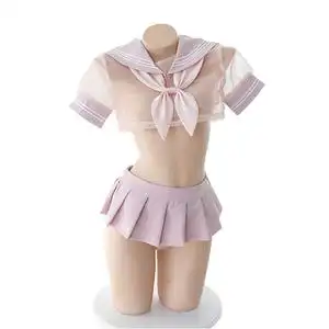 透明网纱蝴蝶结水手服睡衣套装日系少女学生睡裙jk短袖上衣