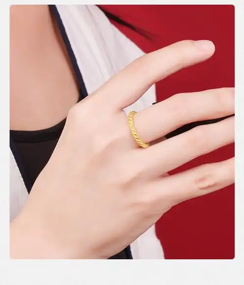 中国黄金足金999古法螺旋纹麻花戒指时尚简约个性黄金女戒情人节送