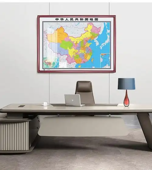 定制边框2022年中国地图实木边框装裱领导办公室挂图红棕色边框约16米