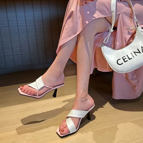 高颜值拼色小香风凉鞋女夏高跟鞋网红同款一字拖外穿拖鞋半凉拖