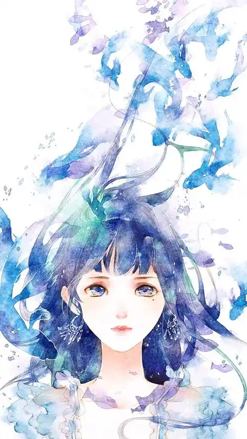 动漫插画#蓝色主题#唯美#水彩【宫崎羽音】水彩绘画少女动漫手帐画师