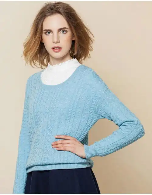 博依格扭花羊毛衫女纯羊毛套头毛衣加厚针织衫绵羊毛衫修身打底衫