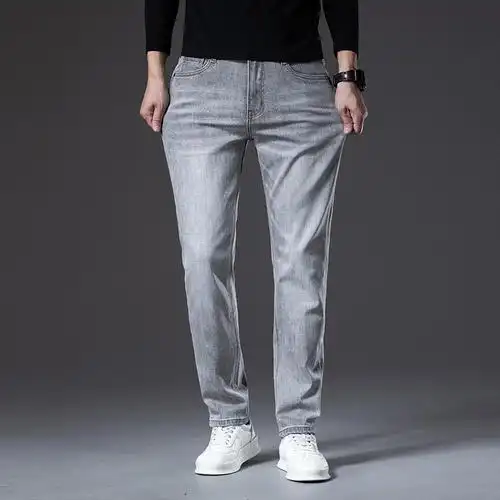 怀旧蓝牛仔裤男修身高腰弹力不起球小直筒裤男士抗皱柔软垂顺长裤