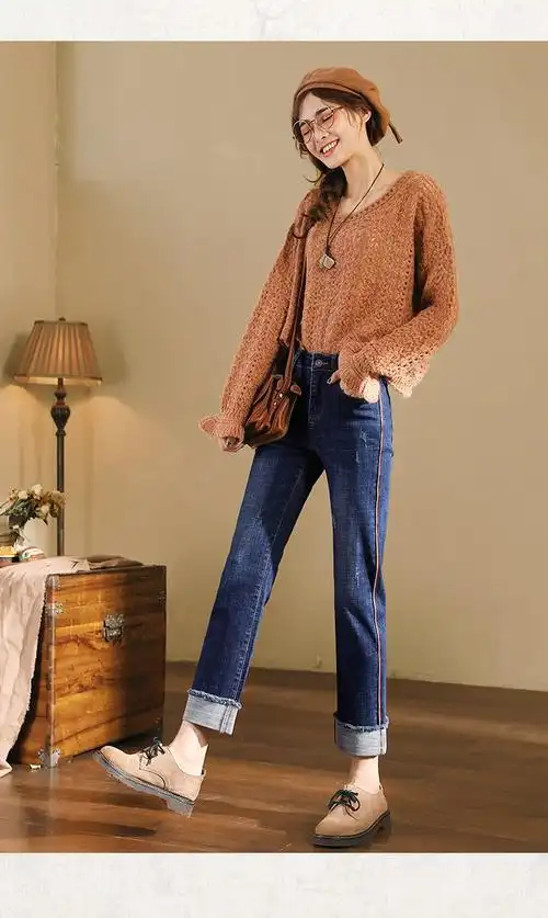 高腰直筒牛仔裤女春新款简约条纹毛边可翻边宽松显瘦九分阔腿裤子