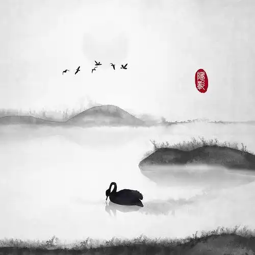 远山飞鸟天鹅意境禅意24节气水墨画中式古风插画
