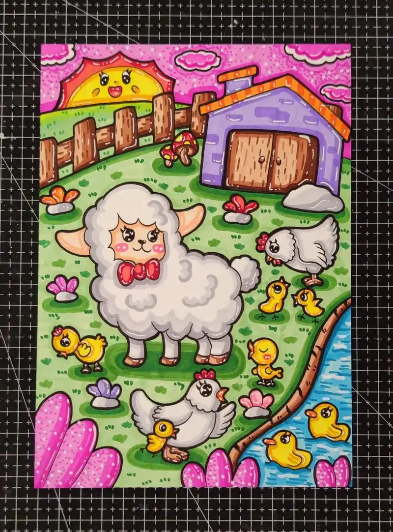 小羊儿童画小羊简笔画马克笔儿童画儿童画万能场景