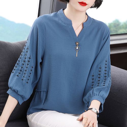 中年衫女中袖小衫洋气肚子夏装妈妈雪纺妇女蕾丝衫