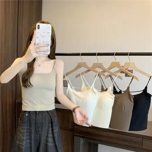 设计感珍珠肩带冰丝美背吊带背心女带胸垫内搭外穿甜辣抹胸上衣夏