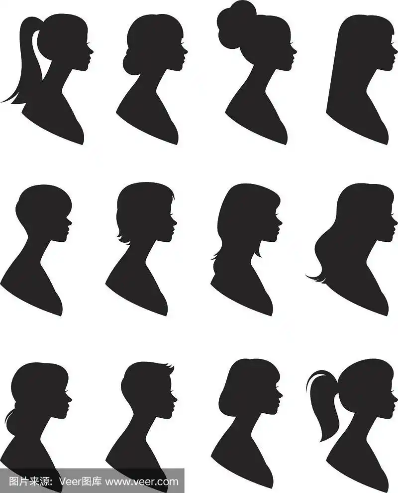一组矢量剪影.一个女人的肖像在一个白色的背景与不同的发型的侧面.