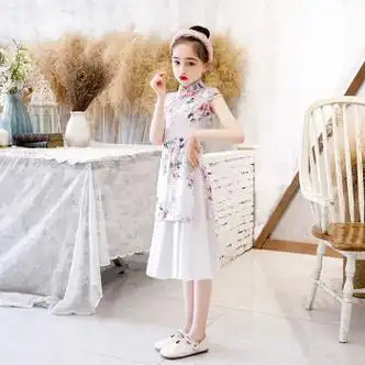 迪士尼女童旗袍夏薄款中国风儿童改良古风连衣裙小女孩古筝演出服中大