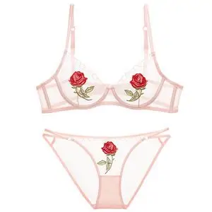 性感文胸透明网纱玫瑰花超薄蕾丝内衣套装夏少女胸罩性感刺绣