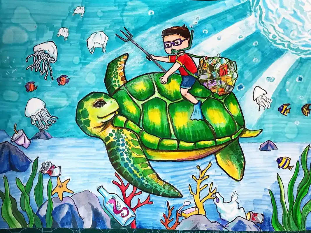 原创环境保护主题儿童绘画拯救地球海洋海龟 这是以保护环境爱护动物
