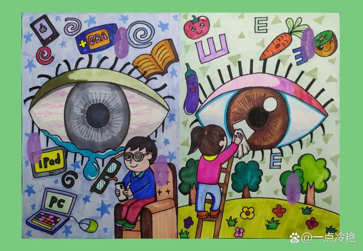 8开原创作品 儿童爱眼护眼主题画 保护视力 所画作品均是原创作品