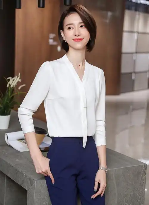 2020夏季新款时尚气质百搭修身飘带雪纺衬衫设计感小众职业装