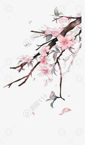 唯美古风桃花手绘水彩插画素材