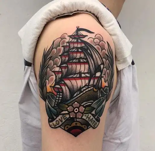 大臂oldschool帆船船锚纹身图案