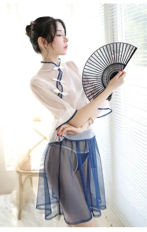 女夏透明薄纱复古民国风透视睡裙透明制服旗袍诱惑性感情趣睡衣 黑白