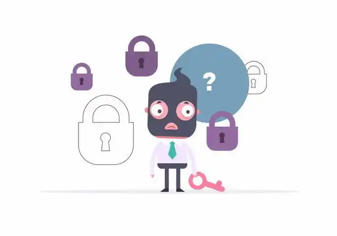 卡通男人拿着钥匙不知道开哪个锁象征了黑客破解不了密码png图片免抠