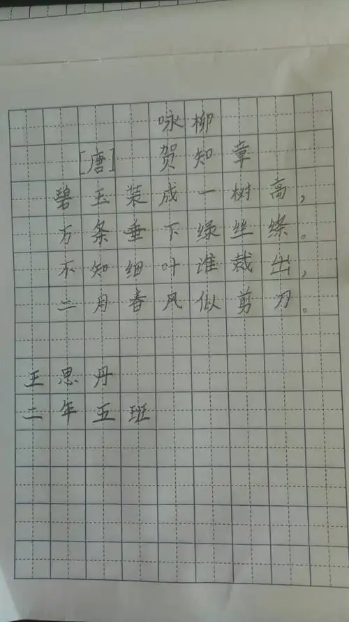 二年五班2020年第一次硬笔书法评比咏柳