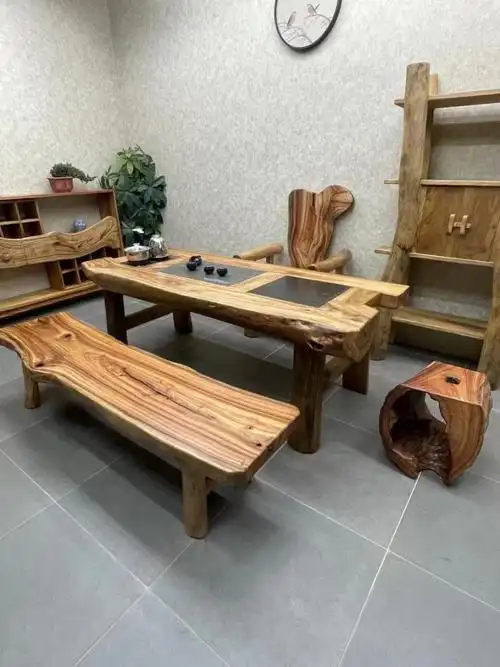 套装家用原木色生态茶几实木阳台茶桌椅组合120茶桌1主人椅2靠背整装