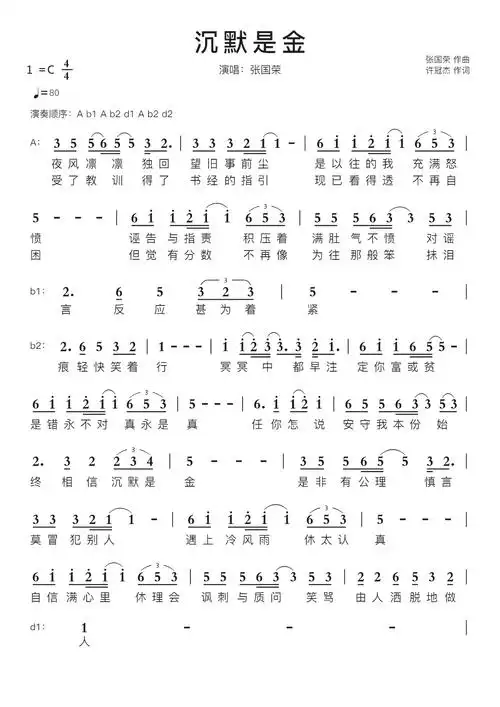 沉默是金智能简谱演唱:张国荣_简谱_曲谱_听懂音律