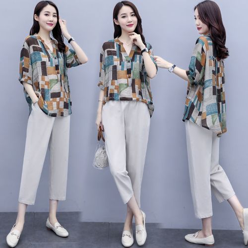 蓝骏启棉麻夏季女装套装两件套新款宽松减龄显瘦休闲上衣潮 花色 m