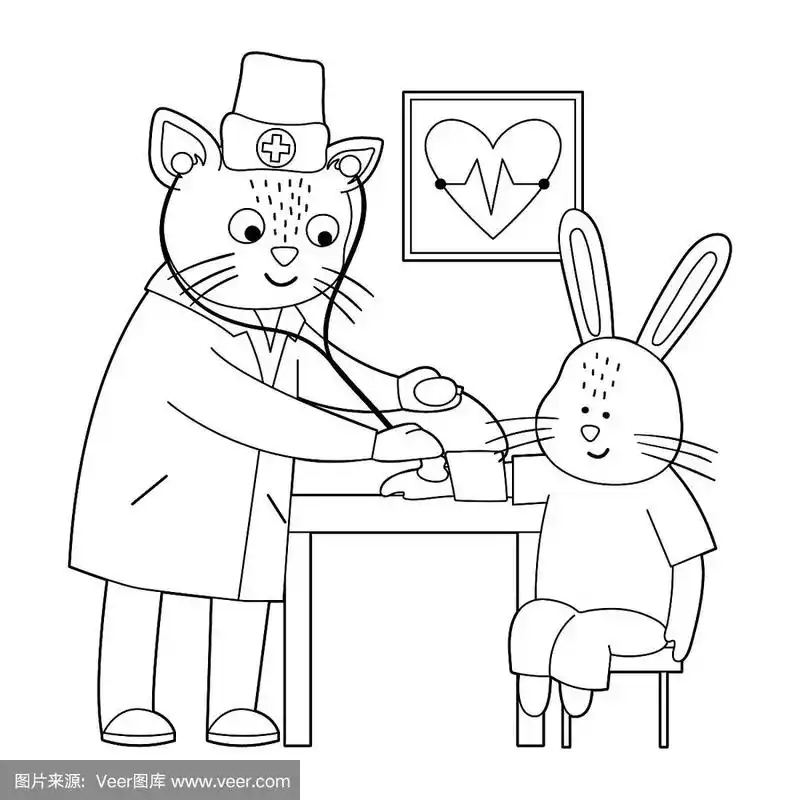 矢量纲动物医生治疗病人.猫给rabbit量血压.可爱有趣的人物.