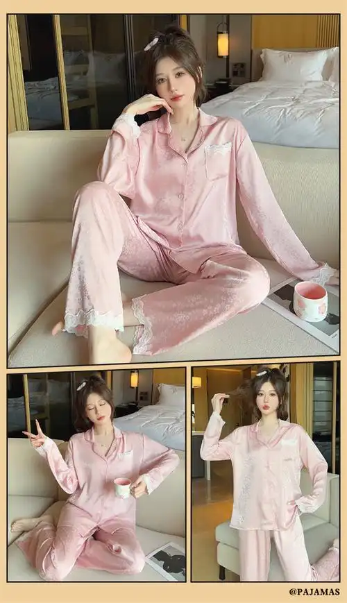 【标兴】8909(缎面冰雪丝)m-xxl 睡衣女秋季冰丝长袖薄款家居服套装