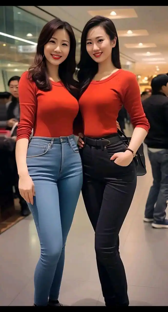 漂亮姐妹花,红色t恤配牛仔裤,又甜又飒!#时尚穿搭# #性感好身材