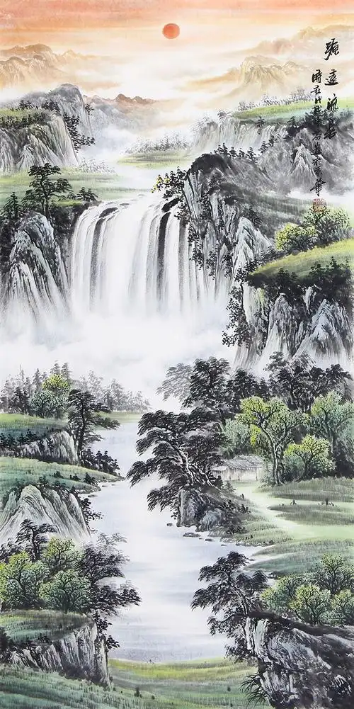 聚宝盆风水画 刘中芬四尺竖幅山水画《源远流长》