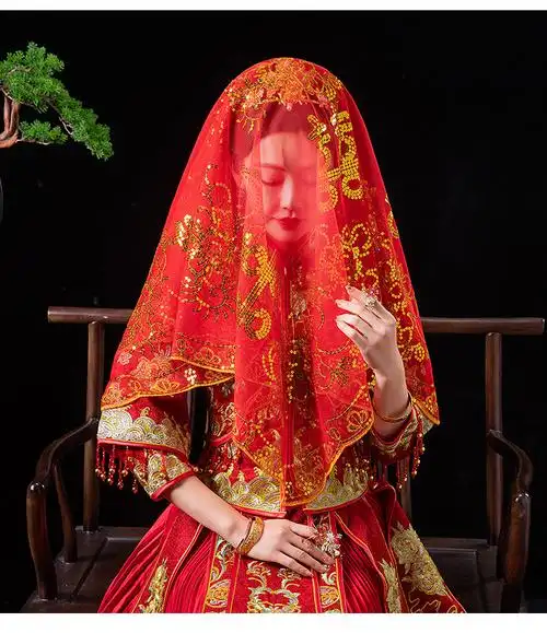 红盖头新娘结婚头纱秀禾服 红盖头结婚中式秀禾服半透明软头纱古风