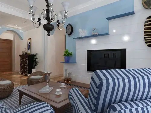 电视背景墙做了一个阶梯状造型,也是蓝白搭配,与整体色彩相呼应.