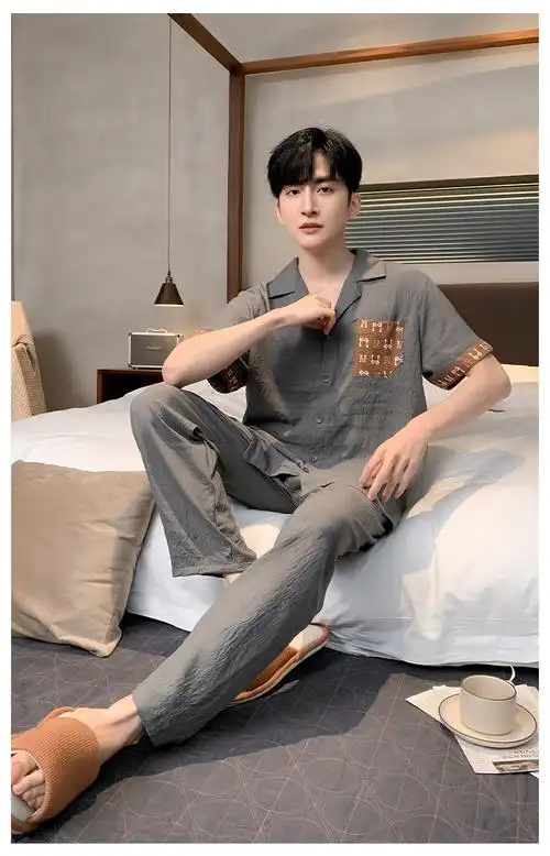 871#【凯然】2024夏季开衫睡衣男云朵棉短袖长裤夏天男装套装家居服